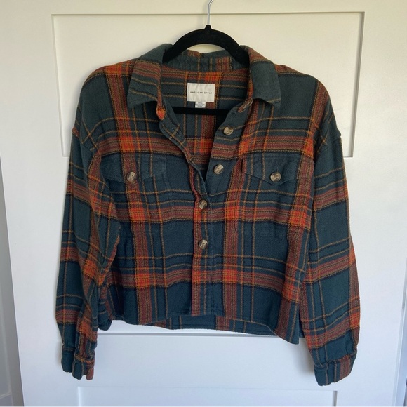 American Eagle Orange and Green Cropped Plaid Shirt - Picture 1 of 13